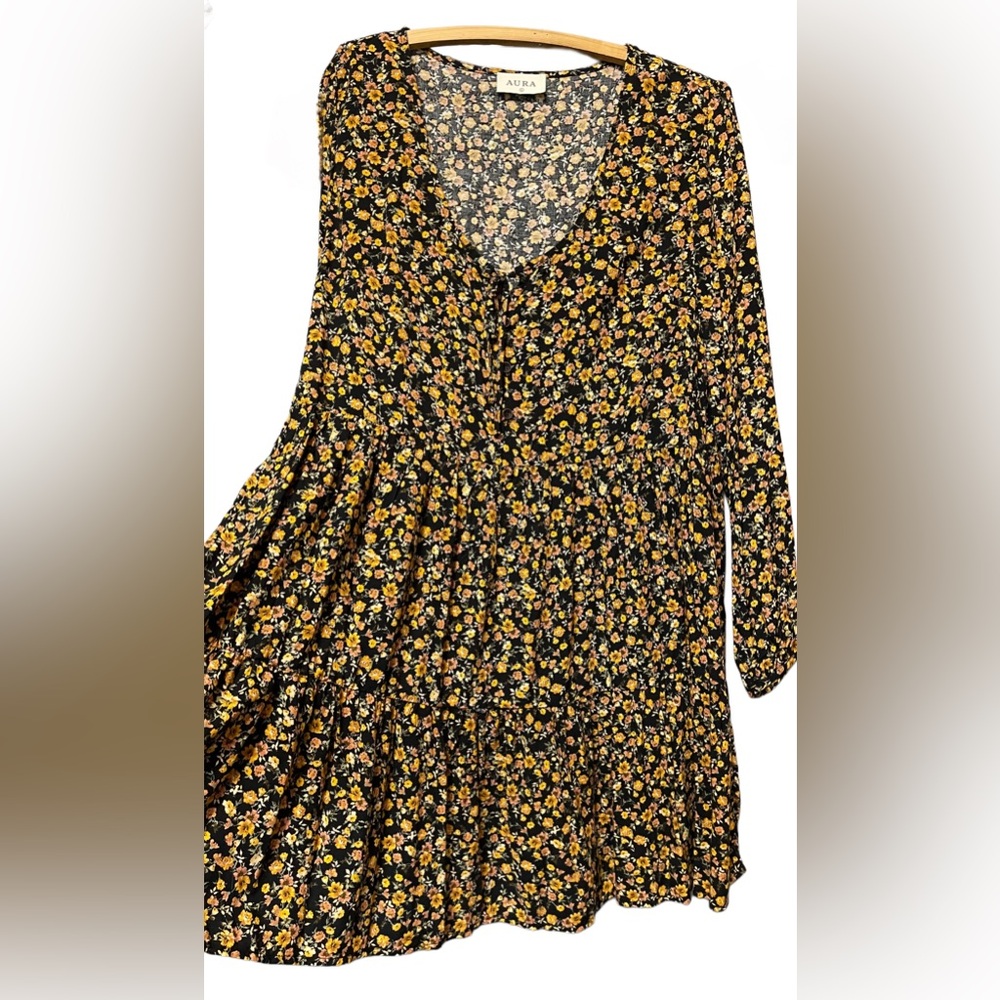 Aura Floral Black and Yellow Dress 💯 rayon Size Large